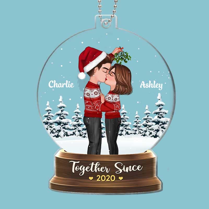 Couple Under Mistletoe Snow Globe Personalized Acrylic Ornament - Image 2