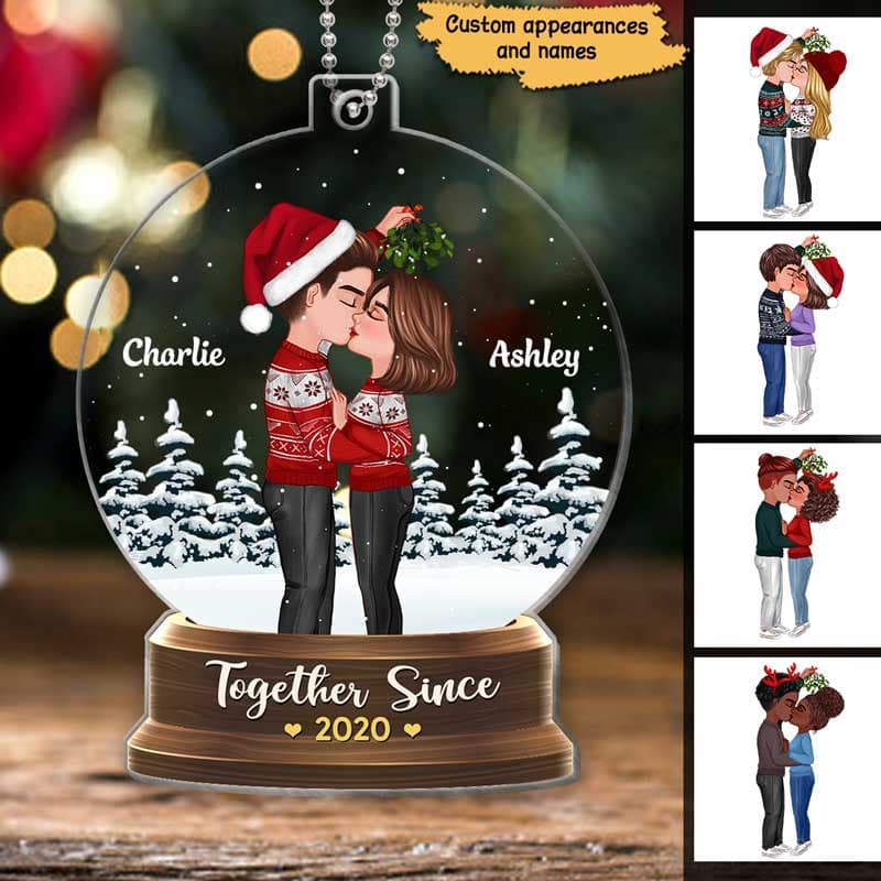Couple Under Mistletoe Snow Globe Personalized Acrylic Ornament - Image 3