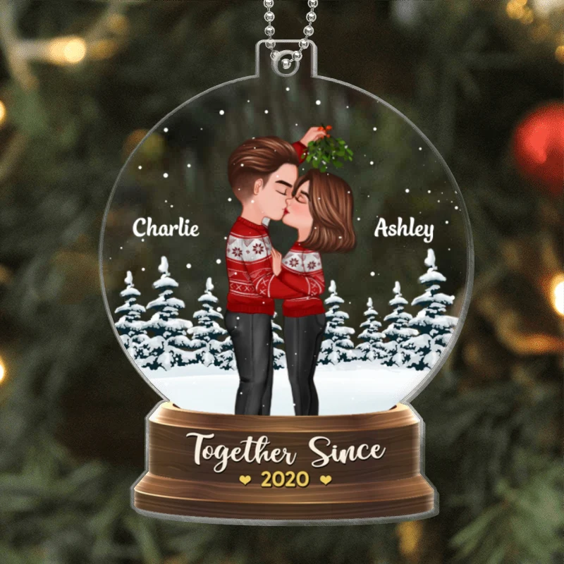 Couple Under Mistletoe Snow Globe Personalized Acrylic Ornament - Image 4