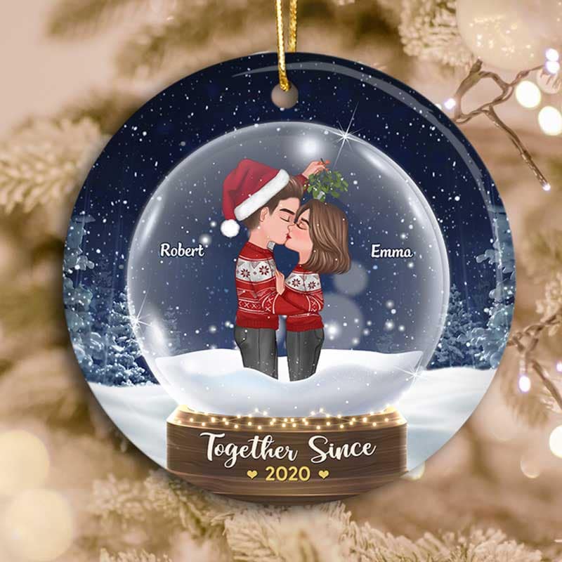 Couple Under Mistletoe Snow Globe Personalized Circle Ornament - Image 4