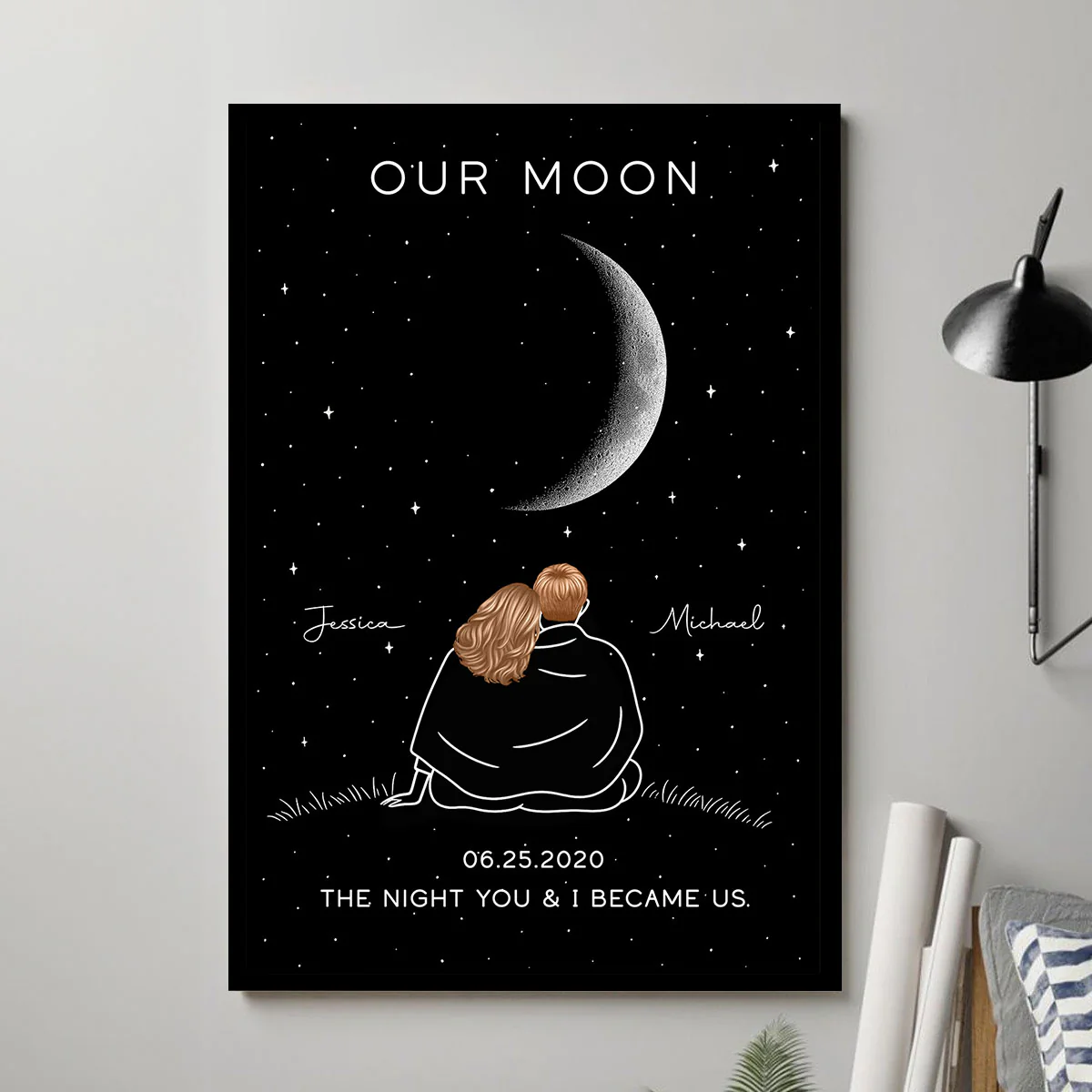 Couple Under Star Sky, Moon Phase Art Personalized Poster, Anniversary gift for him, for her - Image 3