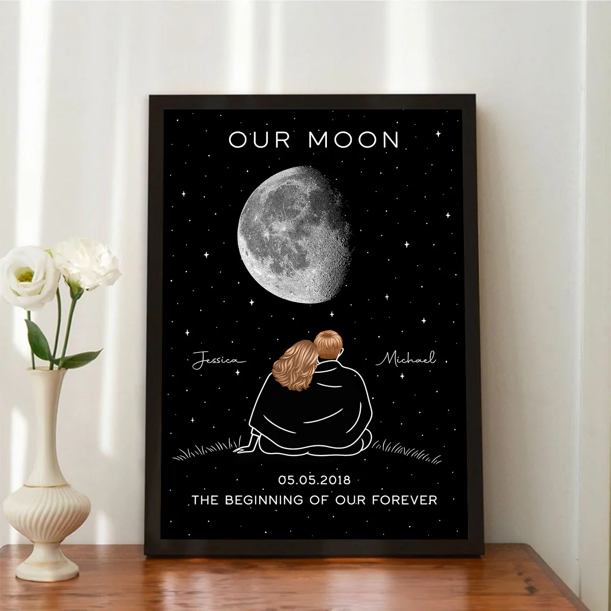 Couple Under Star Sky, Moon Phase Art Personalized Poster, Anniversary gift for him, for her - Image 7