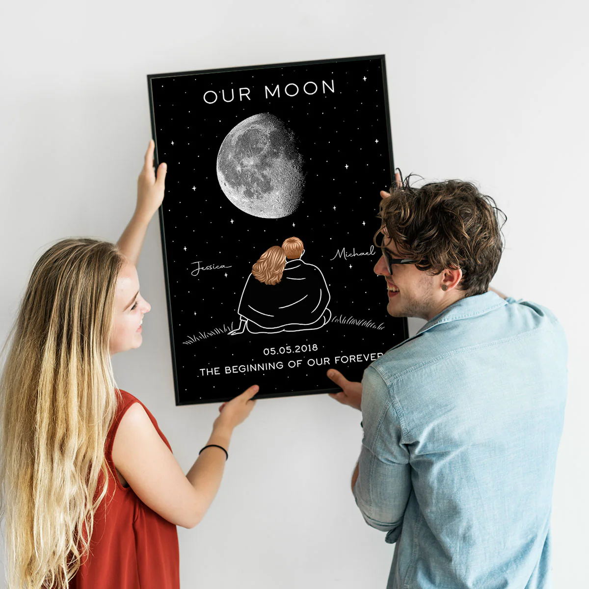 Couple Under Star Sky, Moon Phase Art Personalized Poster, Anniversary gift for him, for her - Image 9