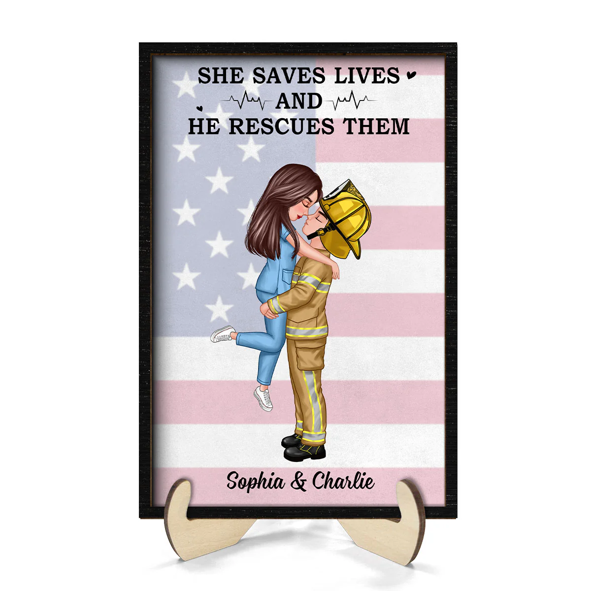 Nation Flag Couple Valentine‘s Day Gifts by Occupation Gift For Her Gift For Him Firefighter, Nurse, Police Officer Personalized 2-Layer Wooden Plaque