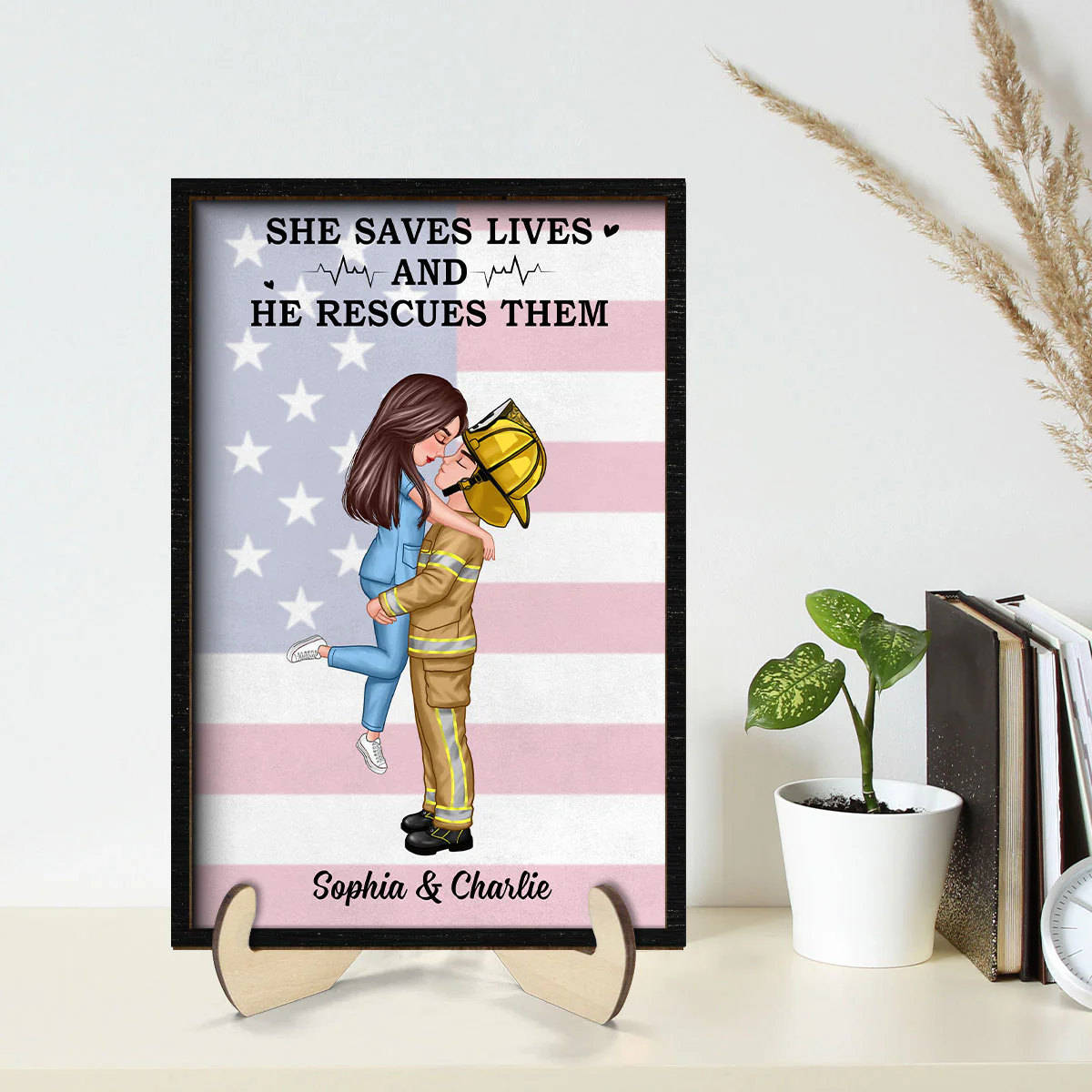 Nation Flag Couple Valentine‘s Day Gifts by Occupation Gift For Her Gift For Him Firefighter, Nurse, Police Officer Personalized 2-Layer Wooden Plaque - Image 2