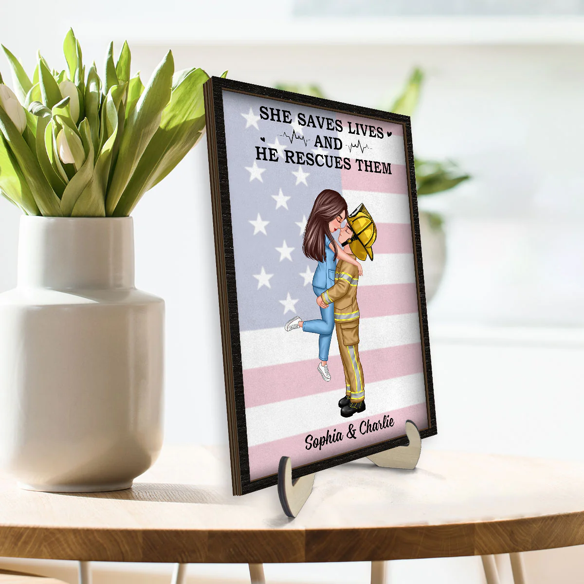 Nation Flag Couple Valentine‘s Day Gifts by Occupation Gift For Her Gift For Him Firefighter, Nurse, Police Officer Personalized 2-Layer Wooden Plaque - Image 3