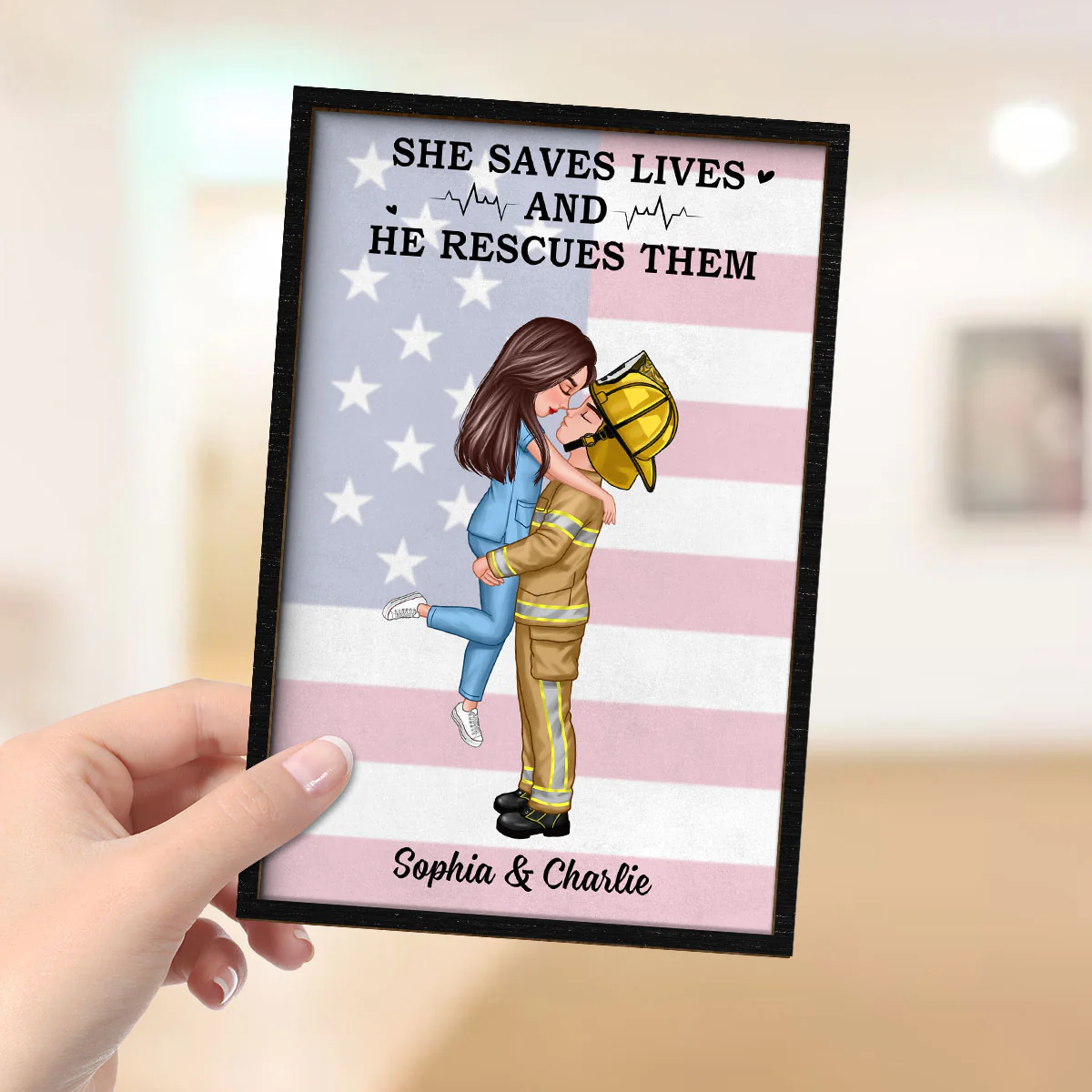 Nation Flag Couple Valentine‘s Day Gifts by Occupation Gift For Her Gift For Him Firefighter, Nurse, Police Officer Personalized 2-Layer Wooden Plaque - Image 4