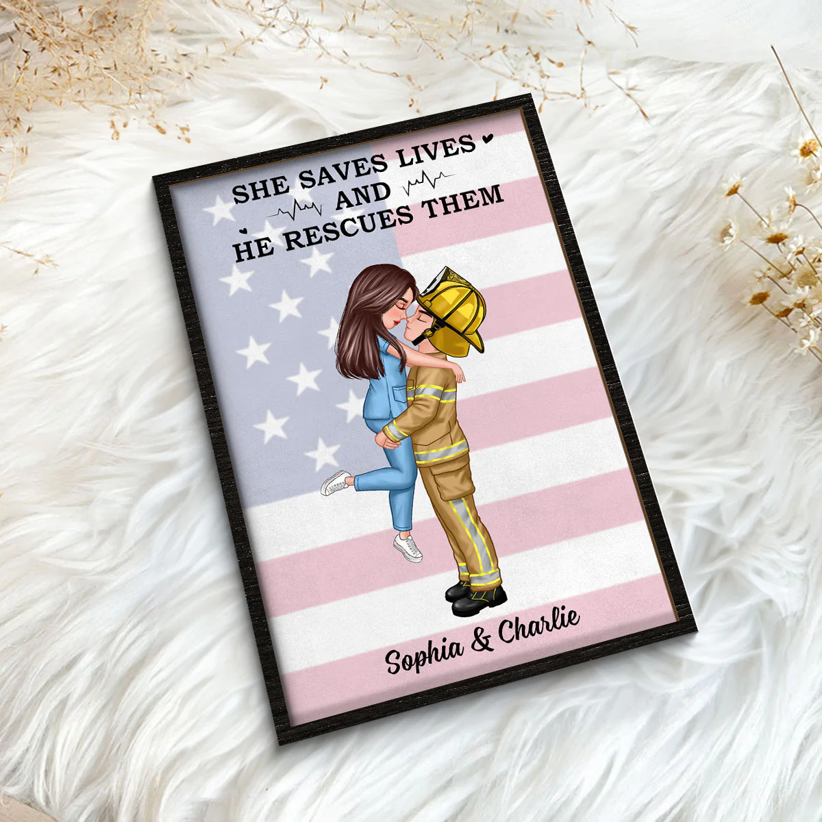 Nation Flag Couple Valentine‘s Day Gifts by Occupation Gift For Her Gift For Him Firefighter, Nurse, Police Officer Personalized 2-Layer Wooden Plaque - Image 5
