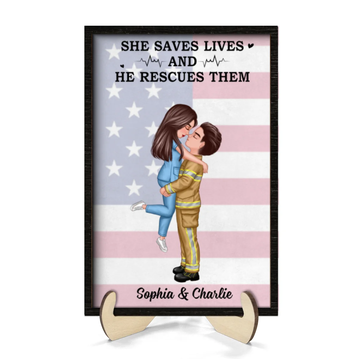 Nation Flag Couple Valentine‘s Day Gifts by Occupation Gift For Her Gift For Him Firefighter, Nurse, Police Officer Personalized 2-Layer Wooden Plaque - Image 8
