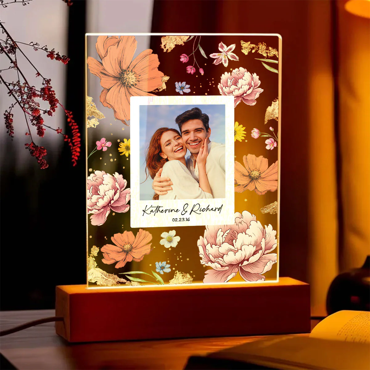Couple Upload Photo Birth Month Flowers Personalized Acrylic LED Night Light, Anniversary Gift,  Gift - Image 4