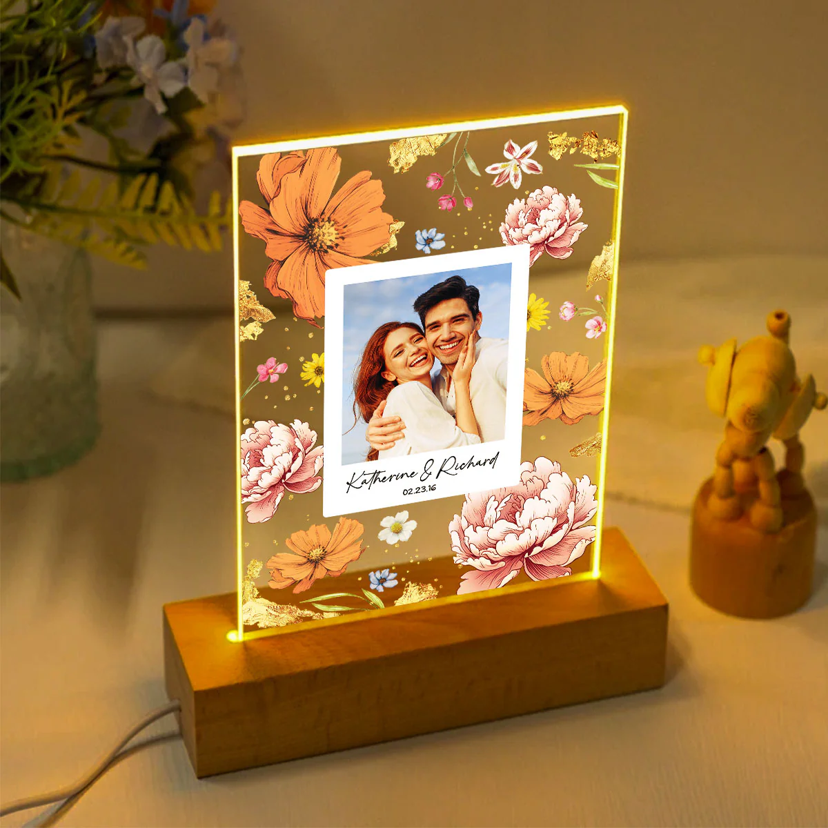 Couple Upload Photo Birth Month Flowers Personalized Acrylic LED Night Light, Anniversary Gift,  Gift - Image 5