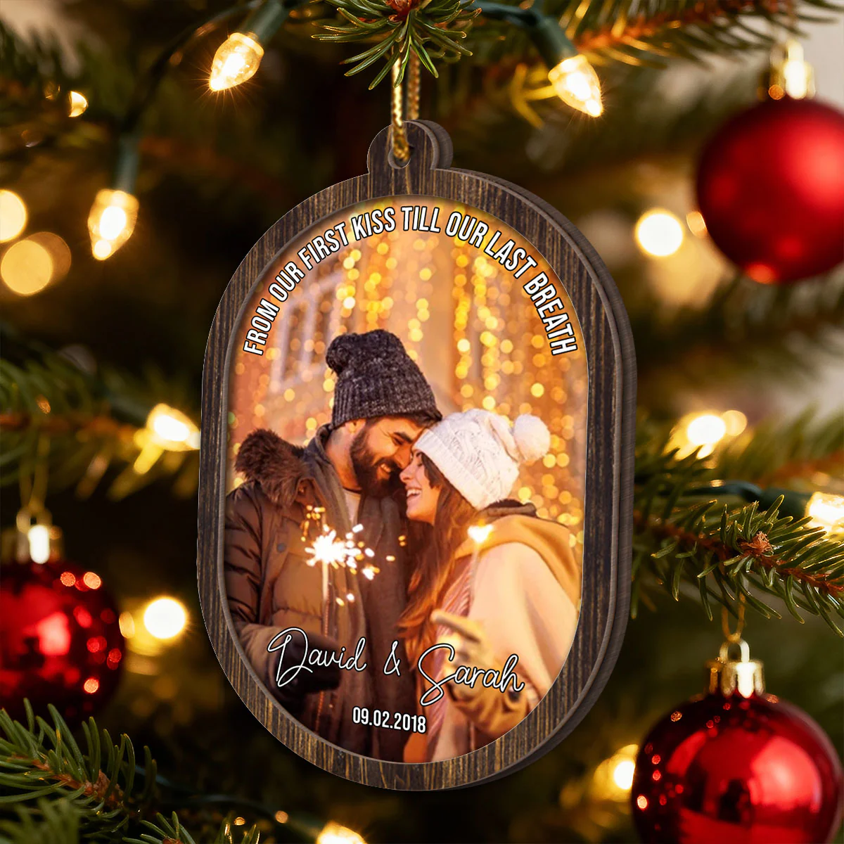 Couple Upload Photo Christmas - Personalized 2-Layered Wooden Ornament - Image 2