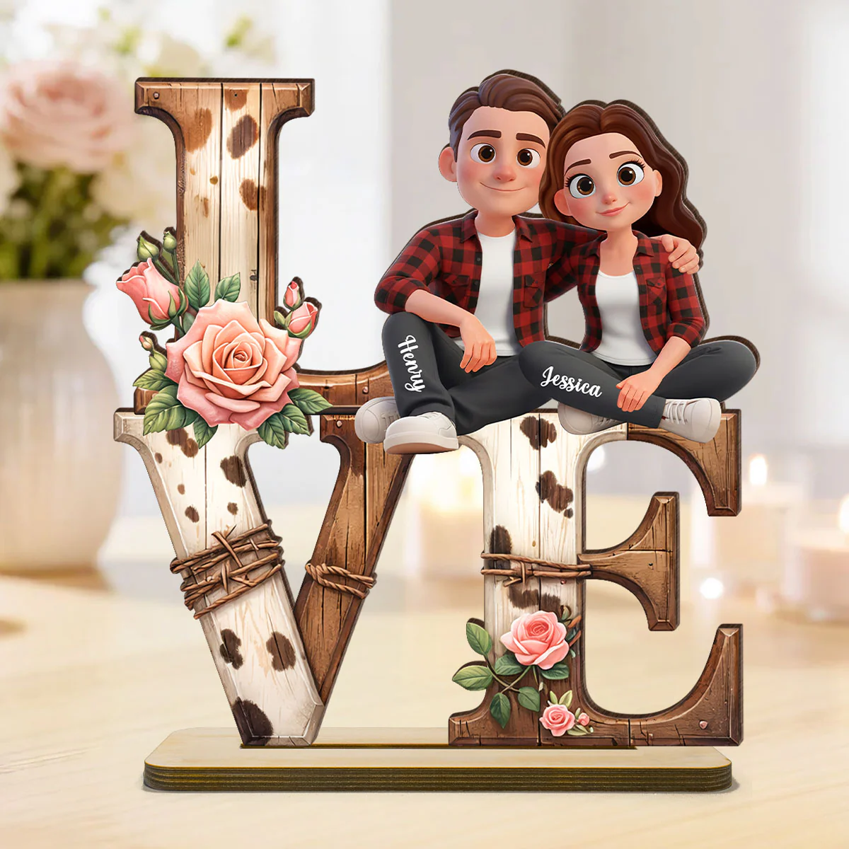 Couple Valentine Highland Cow - Personalized 2-Layered Wooden Plaque - Anniversary, Valentine's Day Gift, Gift For Him, Gift For Her