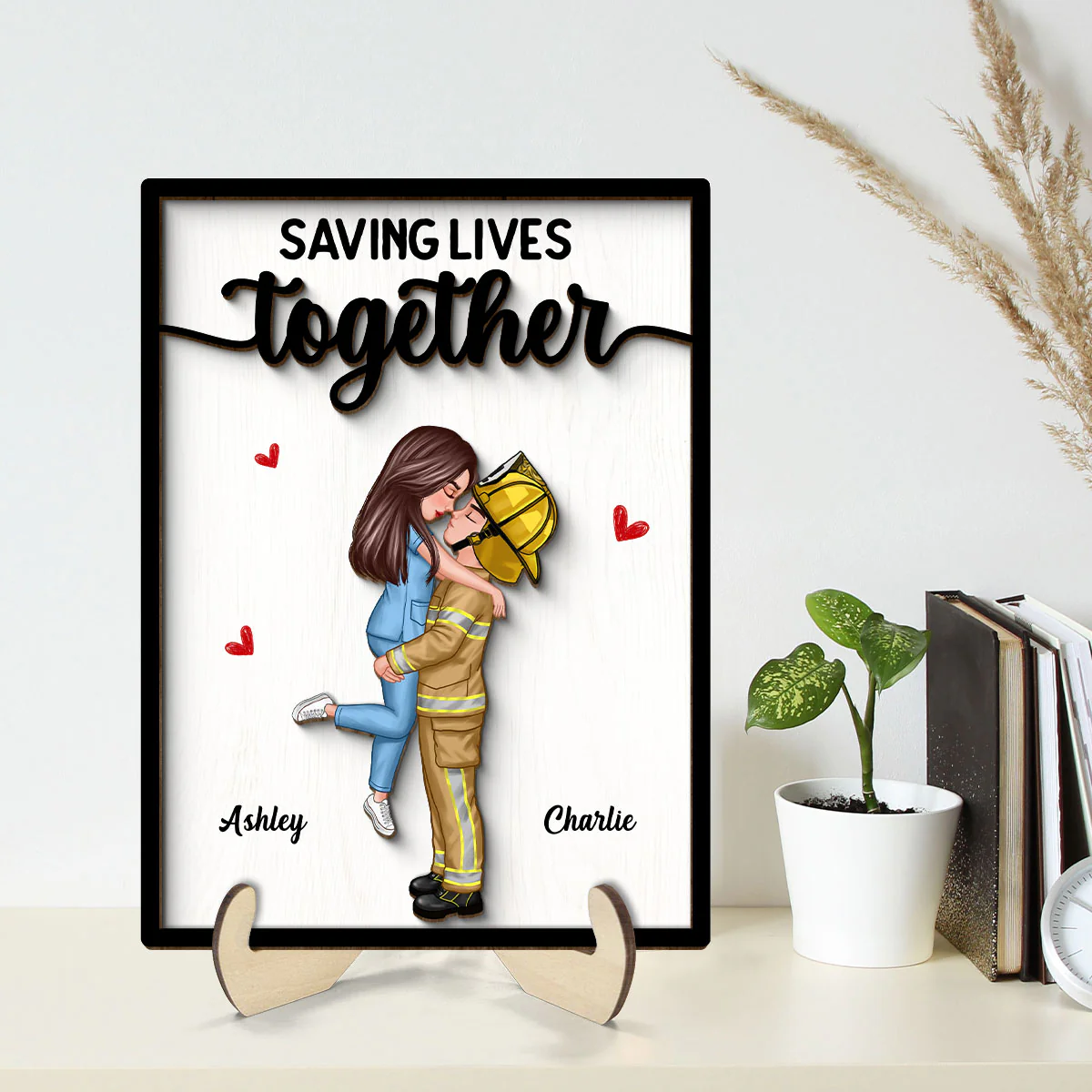 Couple Valentine‘s Day Gifts by Occupation Gift For Her Gift For Him Firefighter, Nurse, Police Officer Personalized 2-Layer Wooden Plaque - Image 2