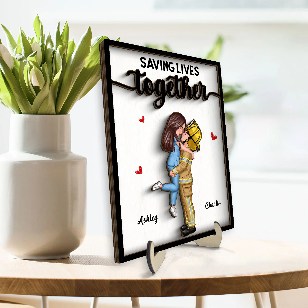 Couple Valentine‘s Day Gifts by Occupation Gift For Her Gift For Him Firefighter, Nurse, Police Officer Personalized 2-Layer Wooden Plaque - Image 3