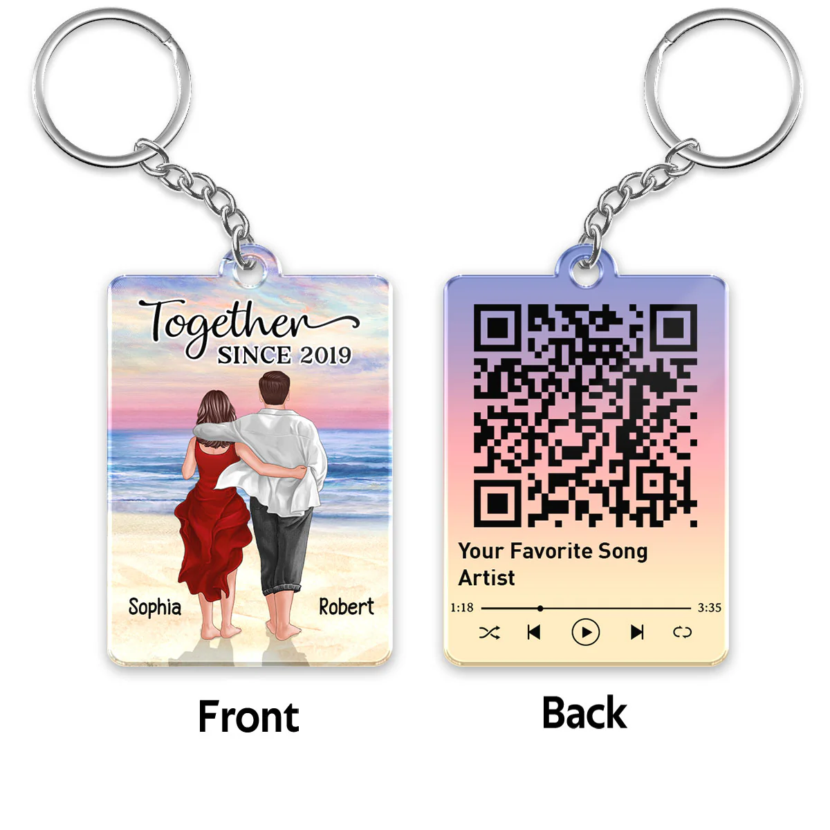 Couple Walking At Beach Back View Favorite Song Scannable QR Code Personalized Acrylic Keychain