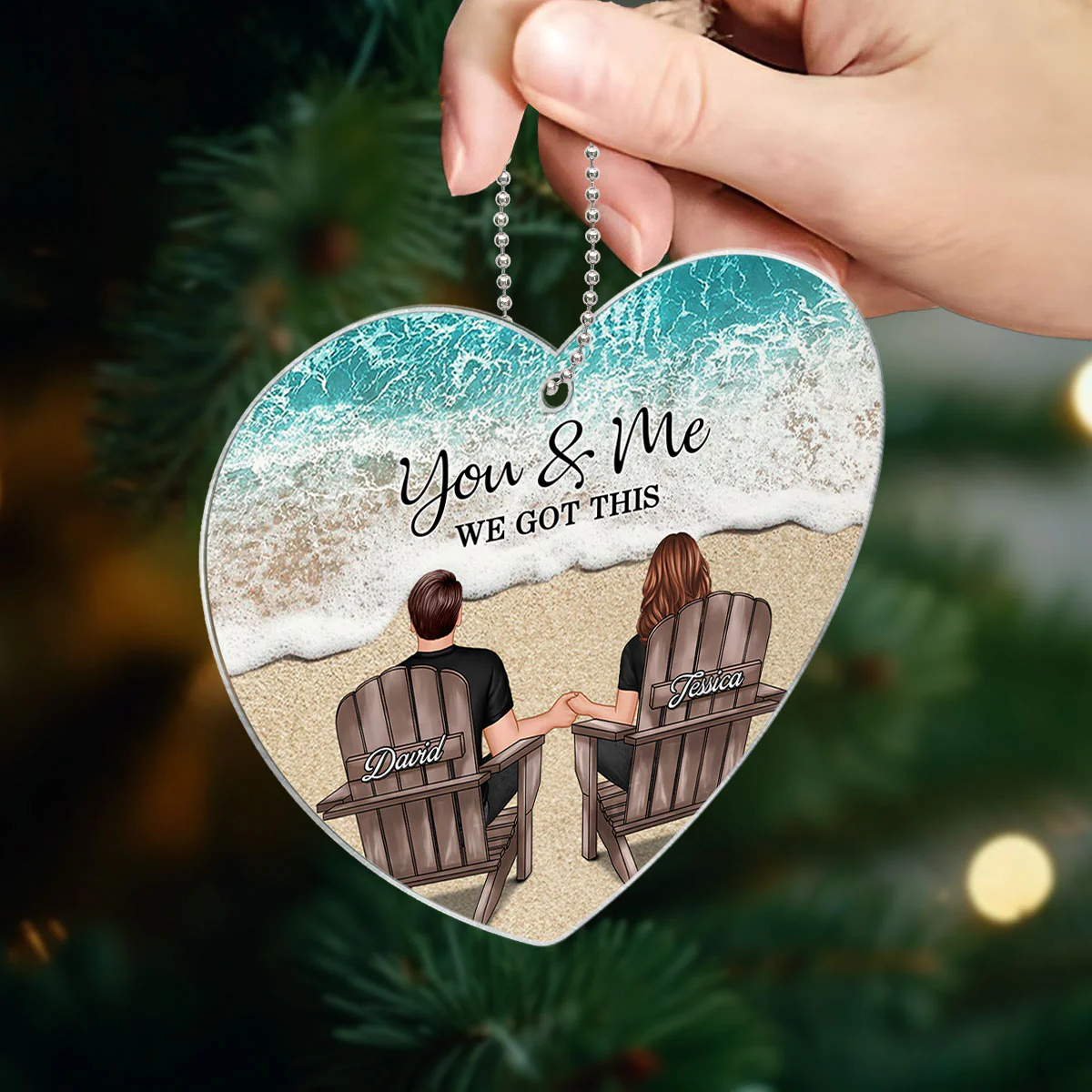 Couple We Got This Beach Landscape Personalized Heart Shaped Acrylic Ornament, Christmas Gift For Wife Husband - Image 2