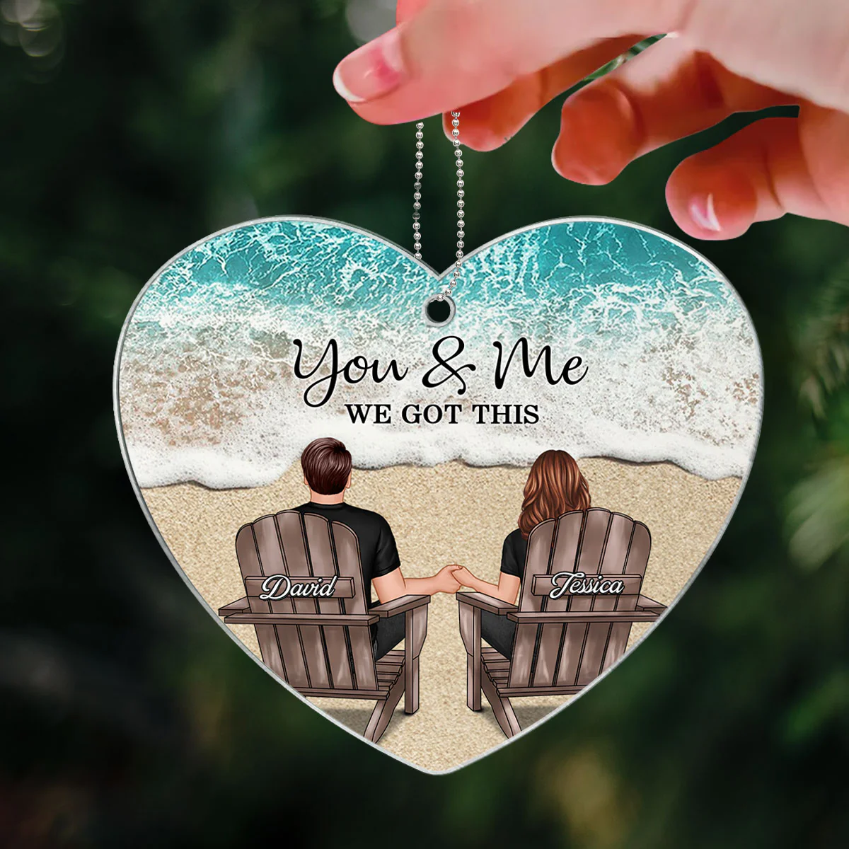 Couple We Got This Beach Landscape Personalized Heart Shaped Acrylic Ornament, Christmas Gift For Wife Husband - Image 3