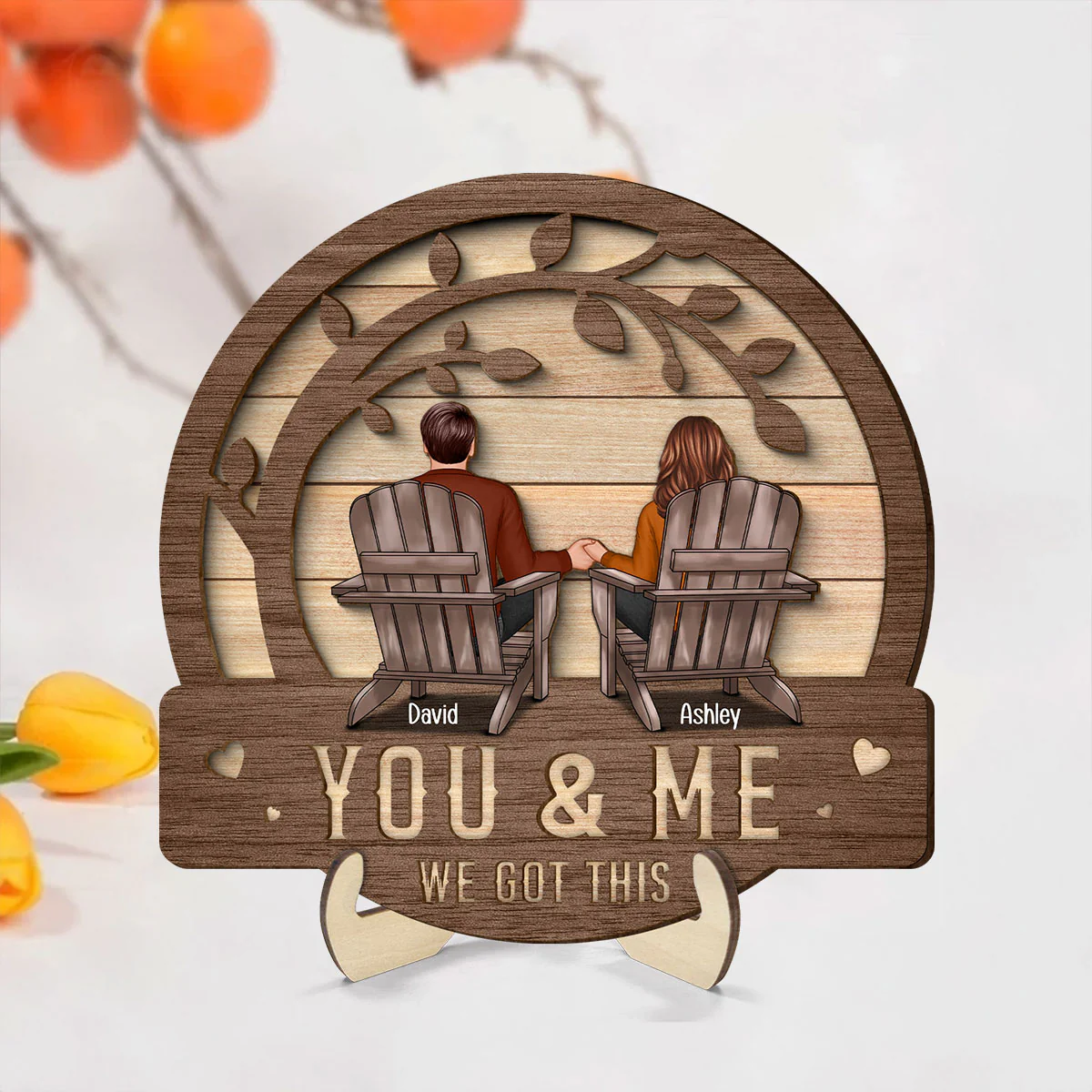 Couple We Got This Sitting Back View Under Tree Personalized 2-Layer Wooden Plaque - Image 2