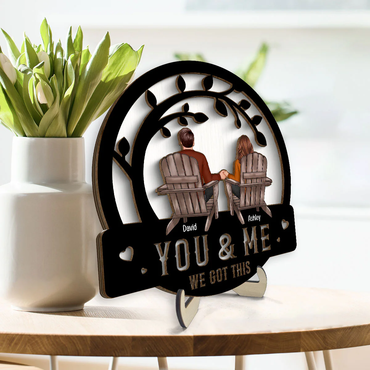 Couple We Got This Sitting Back View Under Tree Personalized 2-Layer Wooden Plaque - Image 3