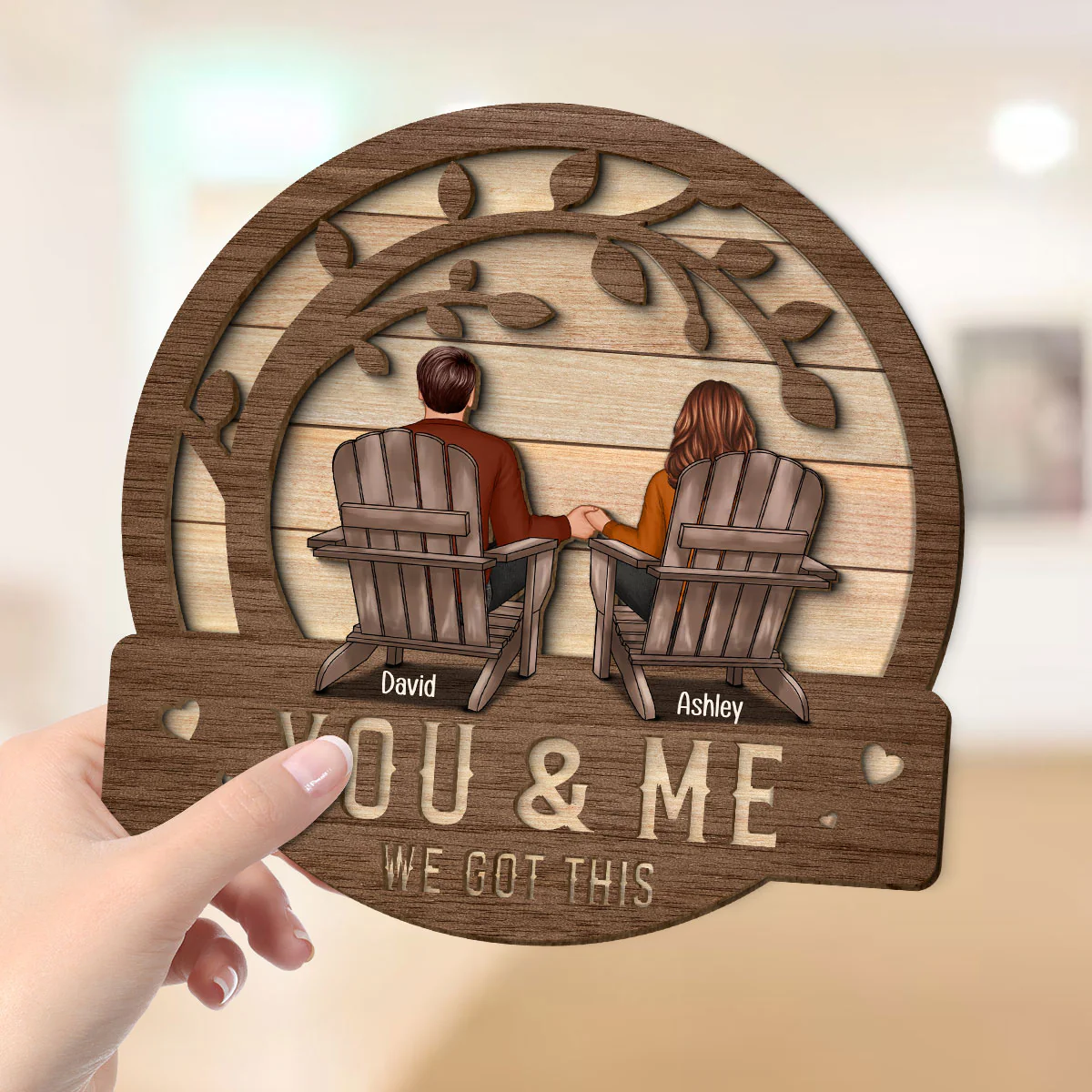 Couple We Got This Sitting Back View Under Tree Personalized 2-Layer Wooden Plaque - Image 4