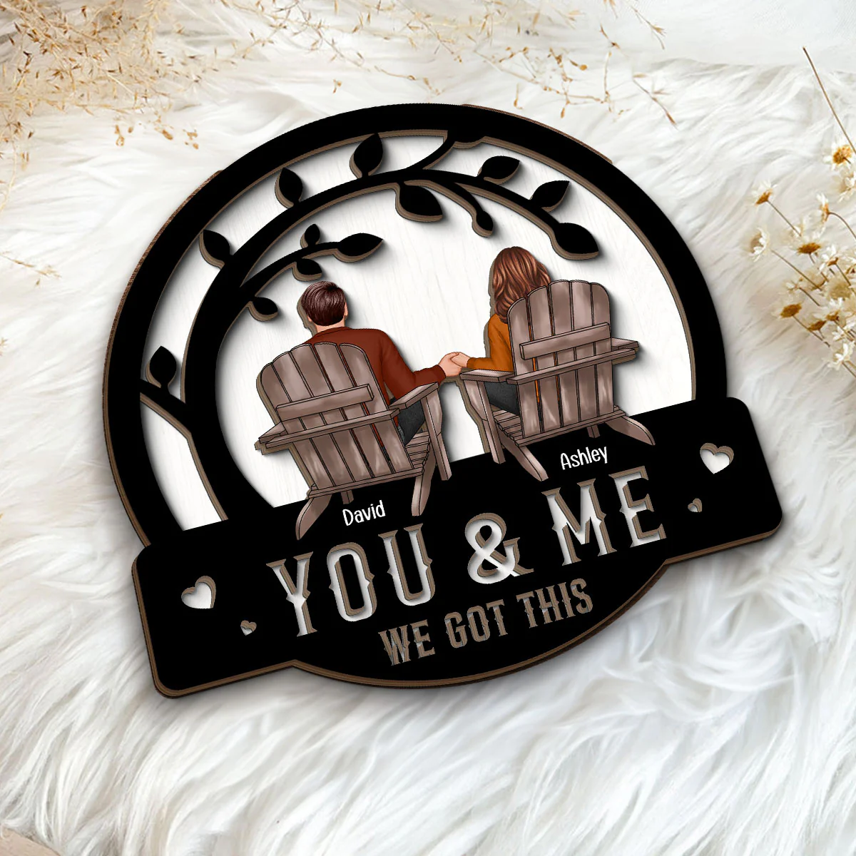 Couple We Got This Sitting Back View Under Tree Personalized 2-Layer Wooden Plaque - Image 5