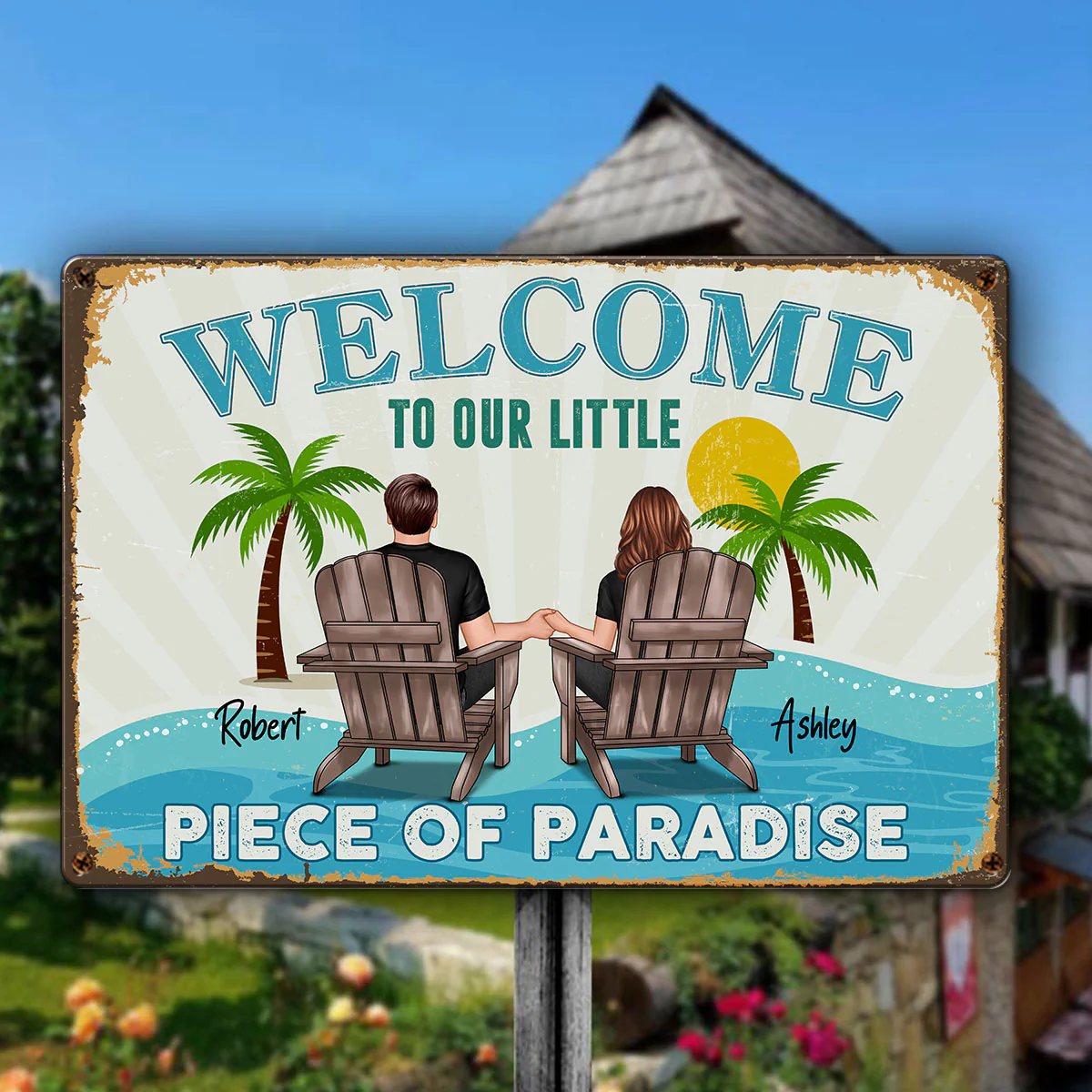 Couple Welcome To Our Little Piece of Paradise Personalized Metal Sign - Image 2