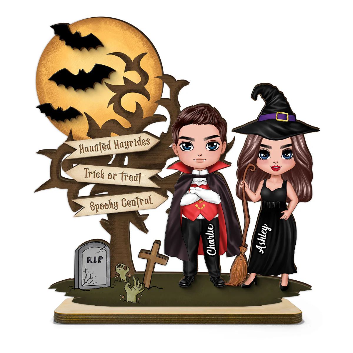 Couple With Moon Bat Tree Halloween Tabletop Tiered Tray Decor Personalized 2-Layer Standing Wooden Plaque - Image 2