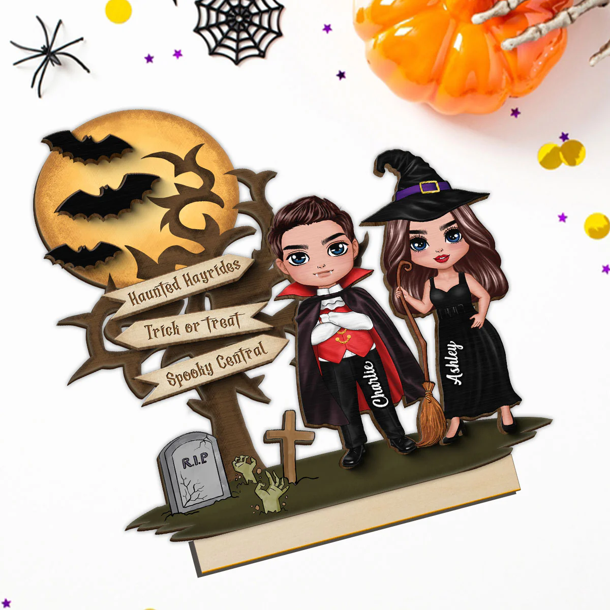Couple With Moon Bat Tree Halloween Tabletop Tiered Tray Decor Personalized 2-Layer Standing Wooden Plaque - Image 5