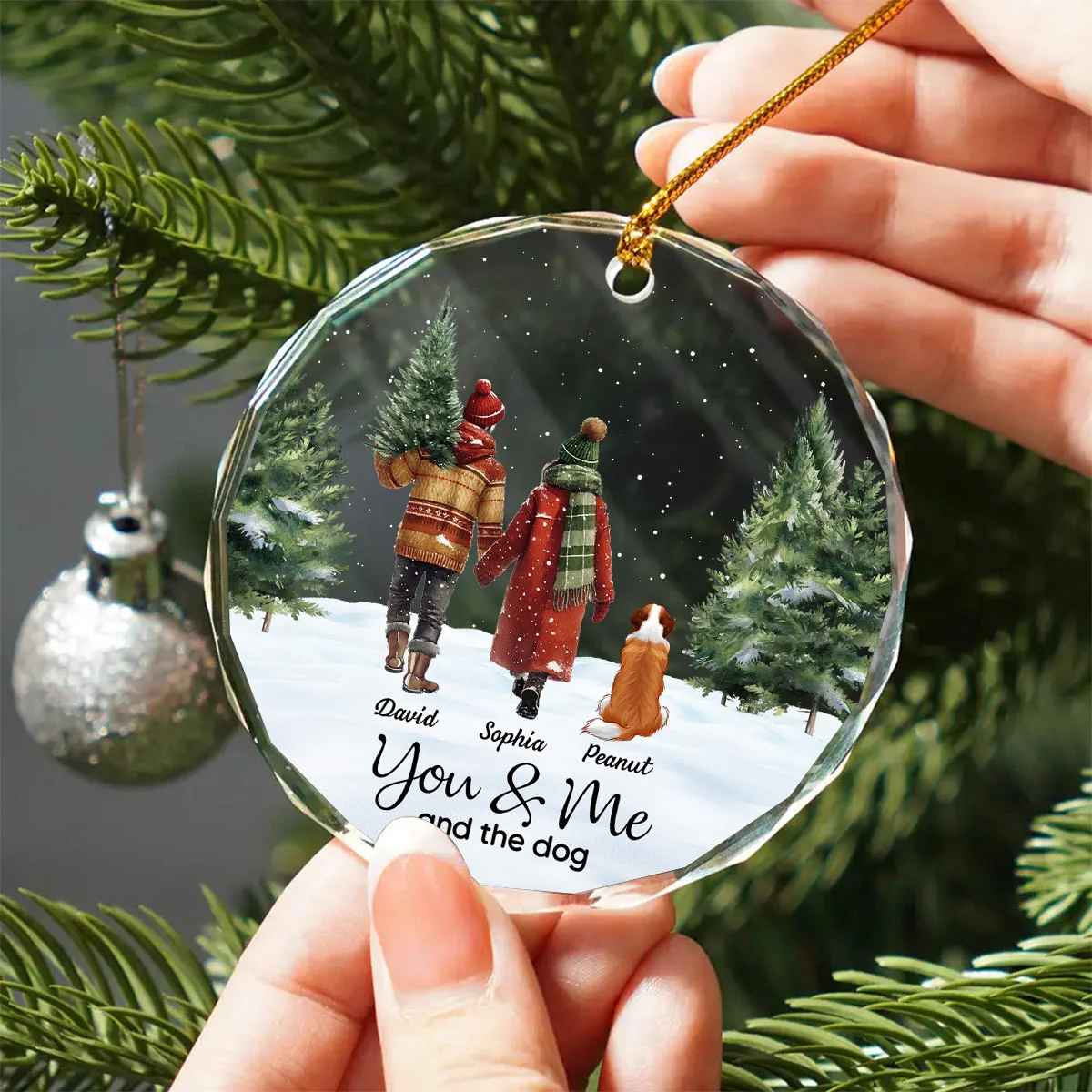 Couple You & Me And The Dog In Snowy Christmas Personalized Glass Ornament - Image 5