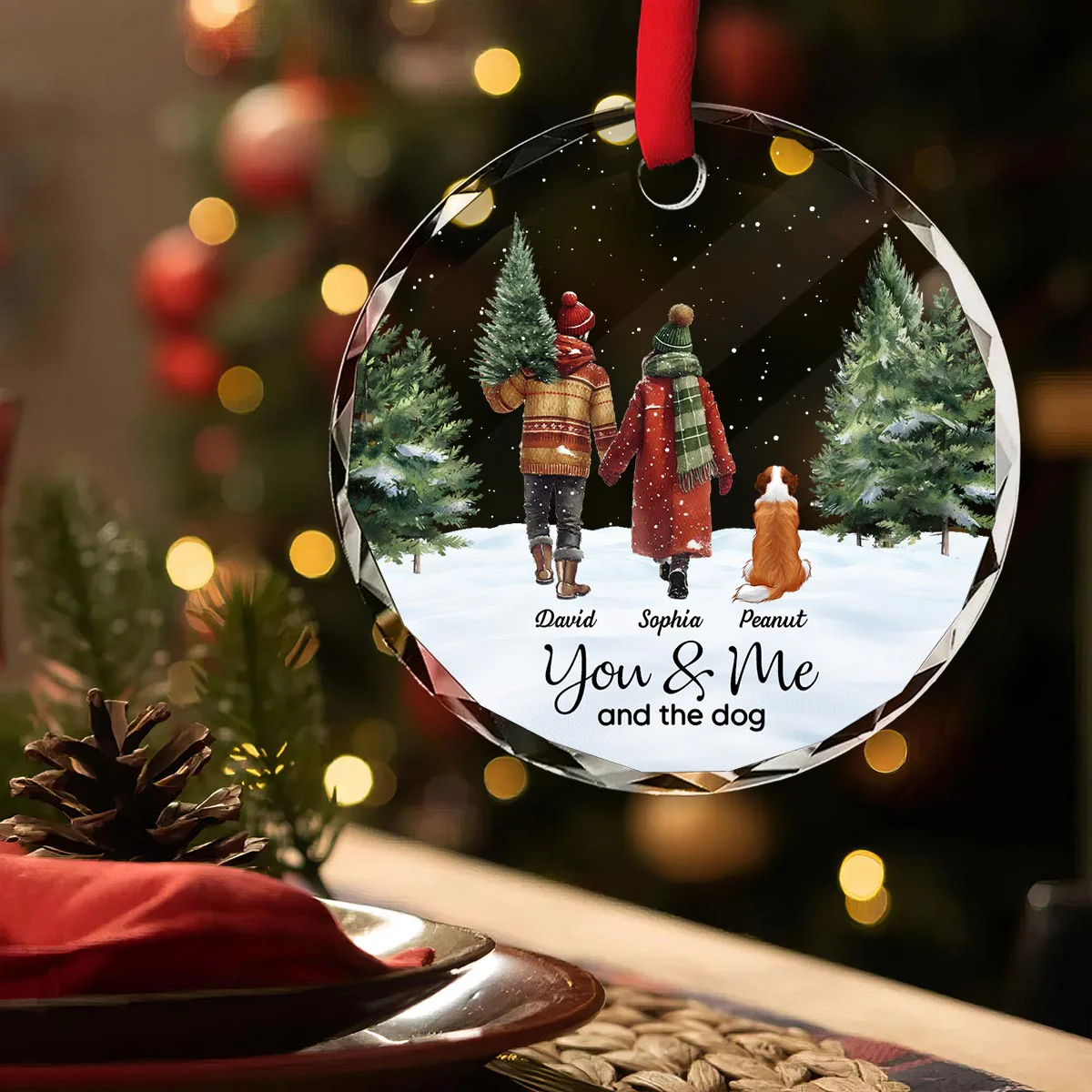 Couple You & Me And The Dog In Snowy Christmas Personalized Glass Ornament - Image 6