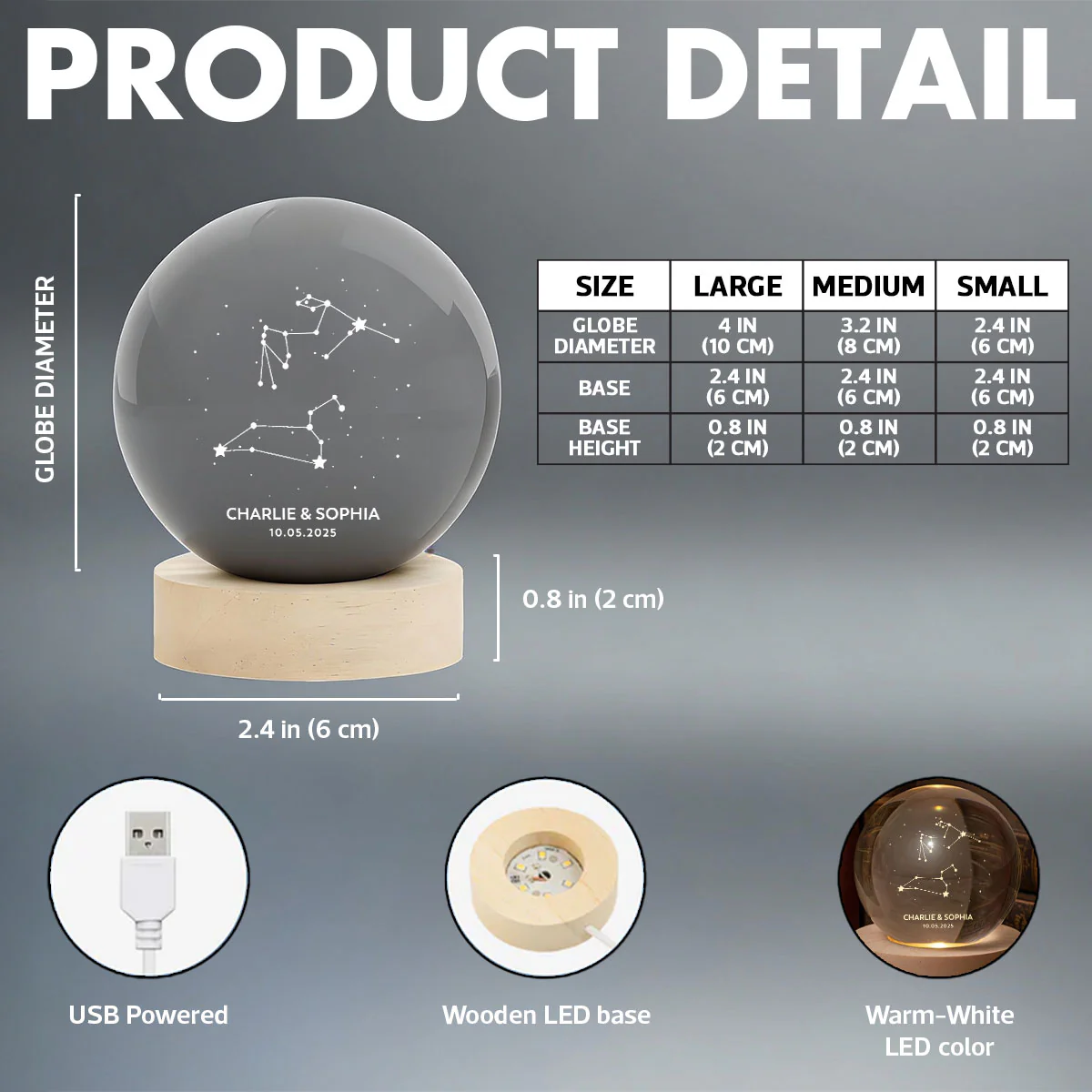 Couple Zodiac Constellation Astrology Star Sign Art - Personalized Crystal Ball LED Night Light - Gift For Couple - Image 10