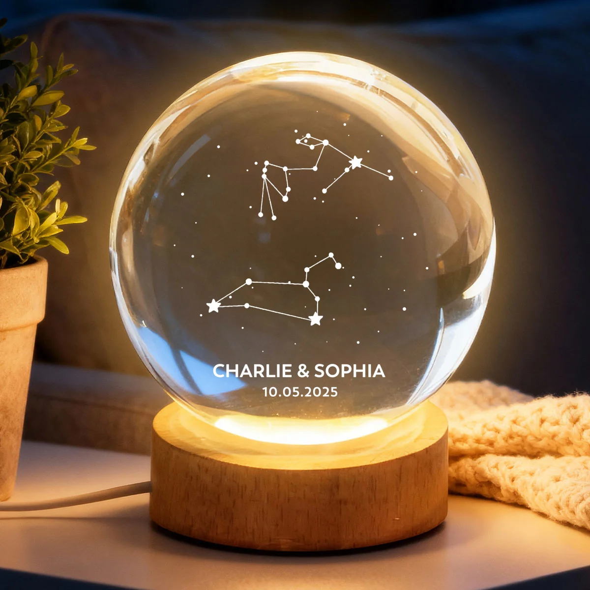 Couple Zodiac Constellation Astrology Star Sign Art - Personalized Crystal Ball LED Night Light - Gift For Couple - Image 12