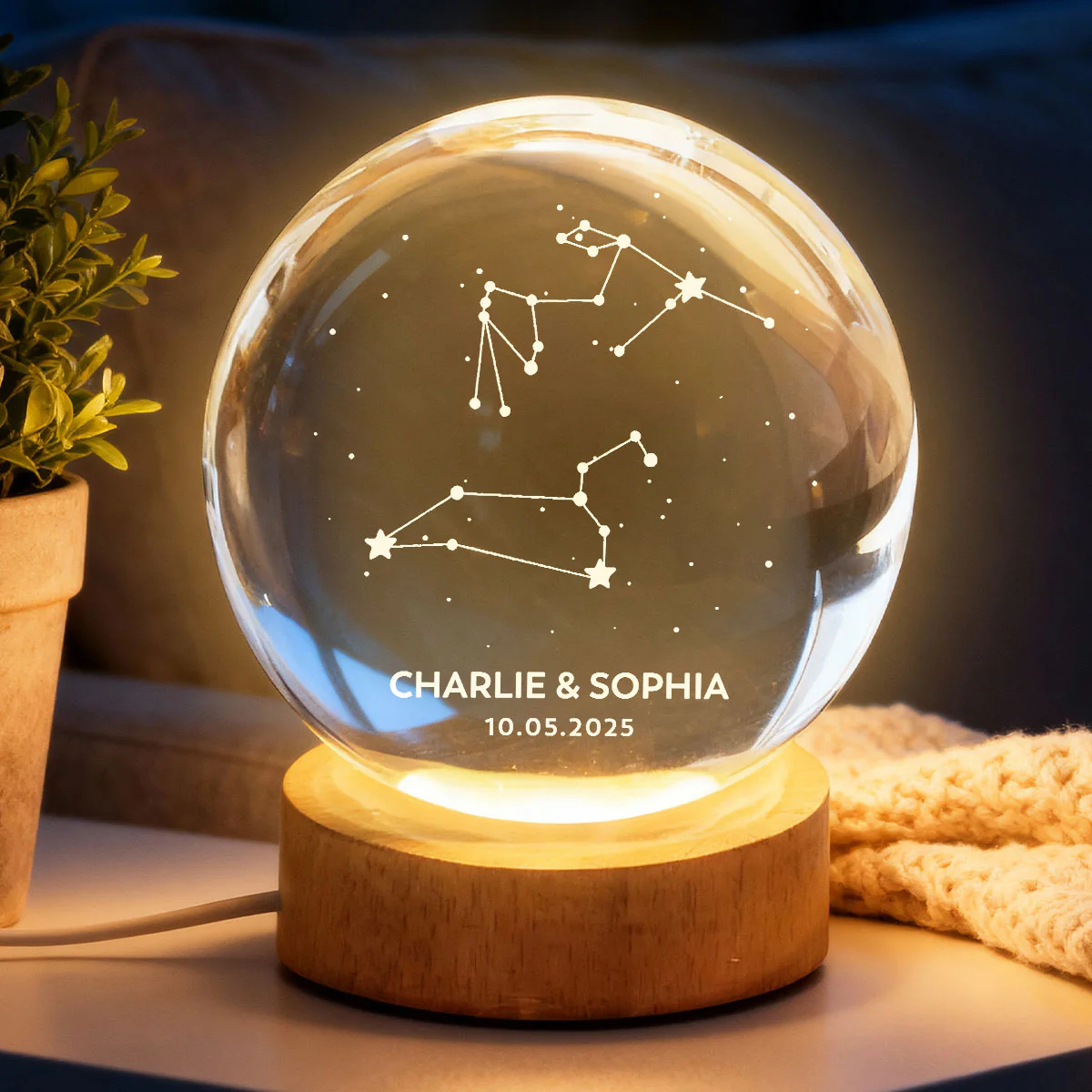 Couple Zodiac Constellation Astrology Star Sign Art - Personalized Crystal Ball LED Night Light - Gift For Couple - Image 2