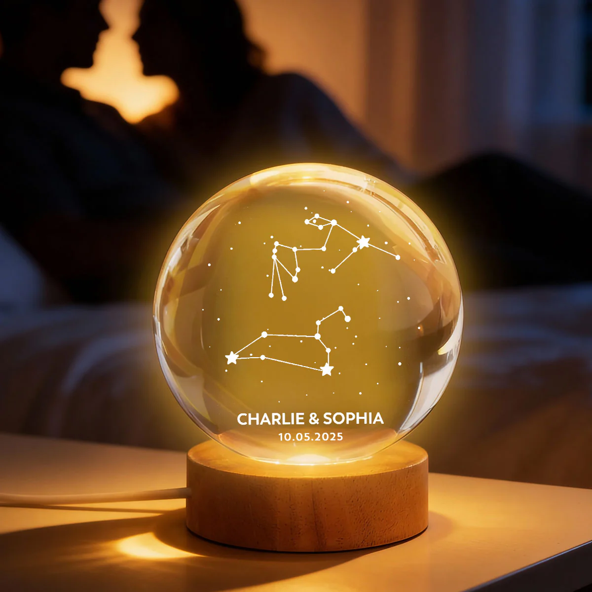 Couple Zodiac Constellation Astrology Star Sign Art - Personalized Crystal Ball LED Night Light - Gift For Couple - Image 3