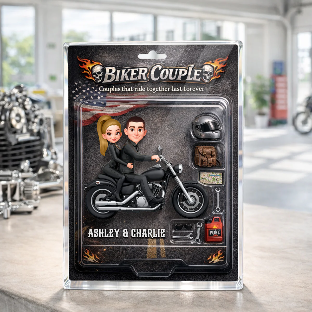 Couples That Ride Together Last Forever Nation Flag, Custom Action Figure Biker Couple - Personalized Acrylic Block Plaque - Heartfelt Gift for Him, for Her - Image 3
