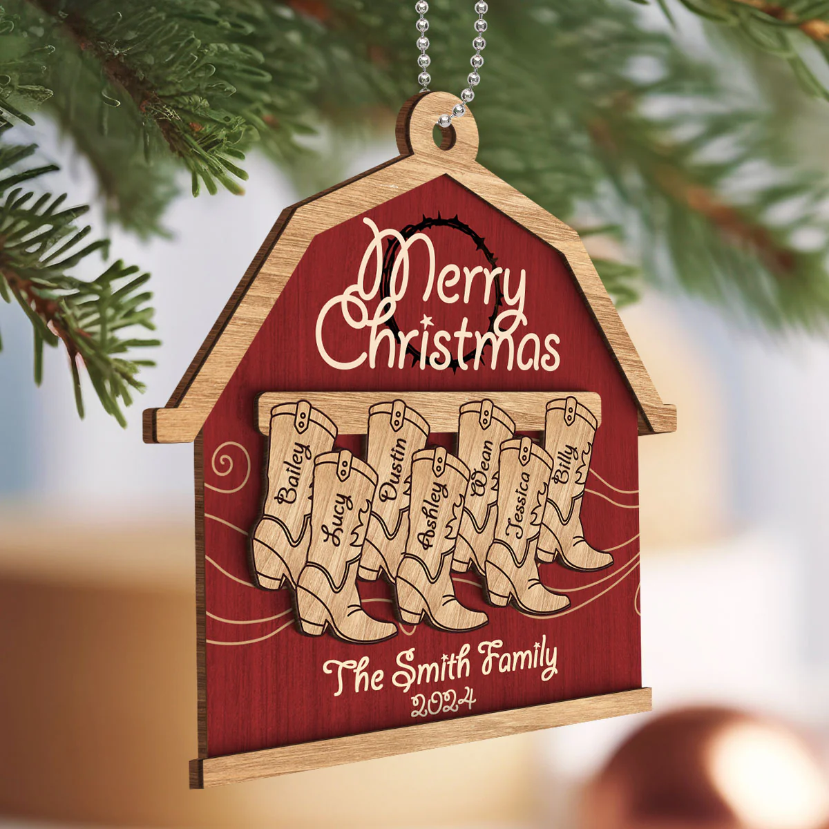 Cowboy Boot Family Names Personalized 2-Layer Wooden Ornament - Image 3