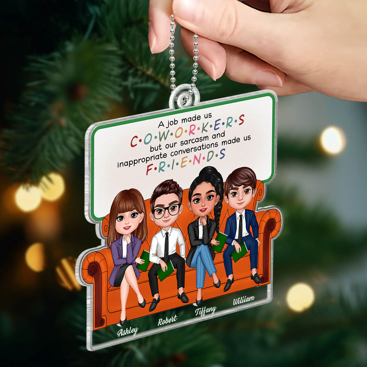Coworkers Friends Colleagues Sitting On Sofa Personalized Acrylic Ornament, Christmas Gift - Image 3
