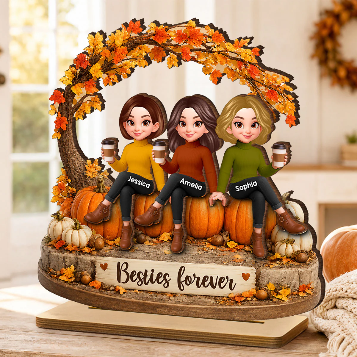 Cozy Autumn Besties Forever - Personalized 2-Layered Wooden Plaque - Fall Season Gift For Besties - Image 5