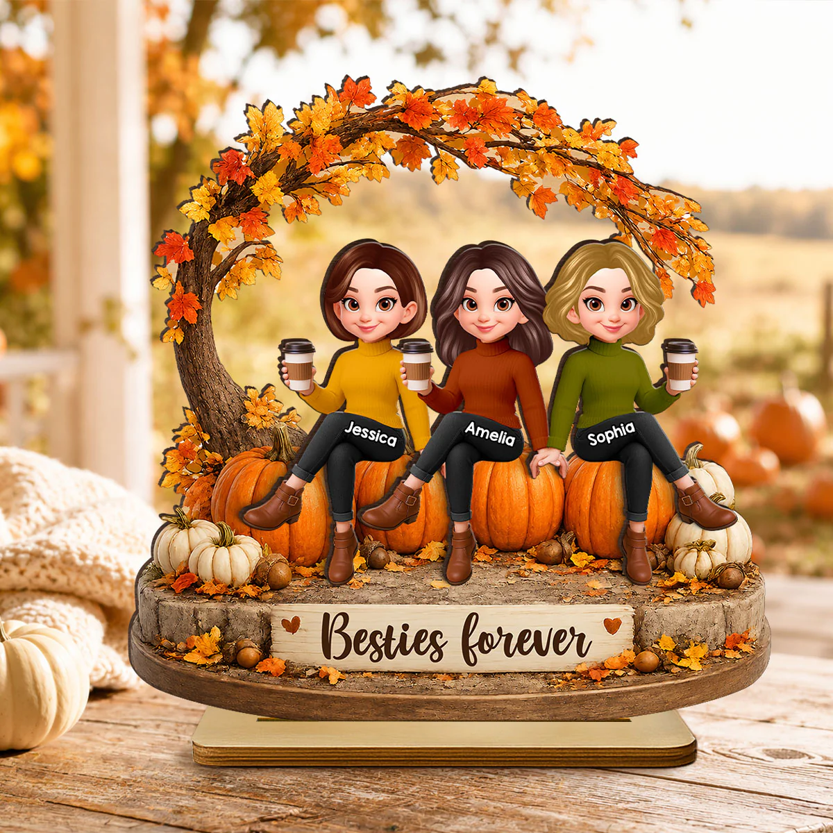 Cozy Autumn Besties Forever - Personalized 2-Layered Wooden Plaque - Fall Season Gift For Besties - Image 6