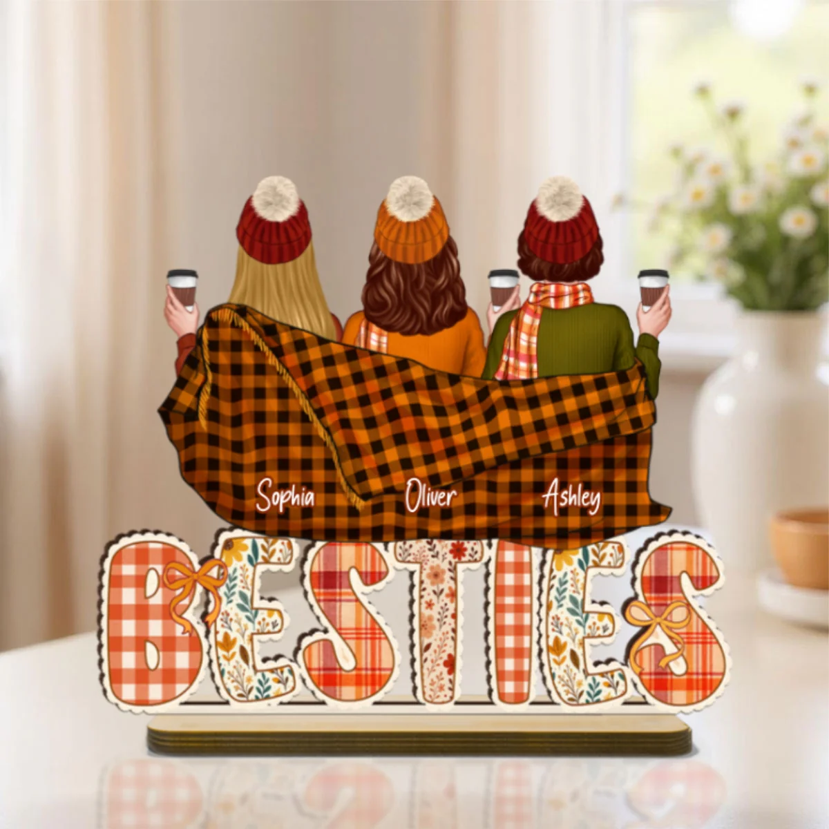 Cozy Besties Sisters In Blanket Sitting On Text Personalized Standing Wooden Plaque, Fall Season Decor - Image 11