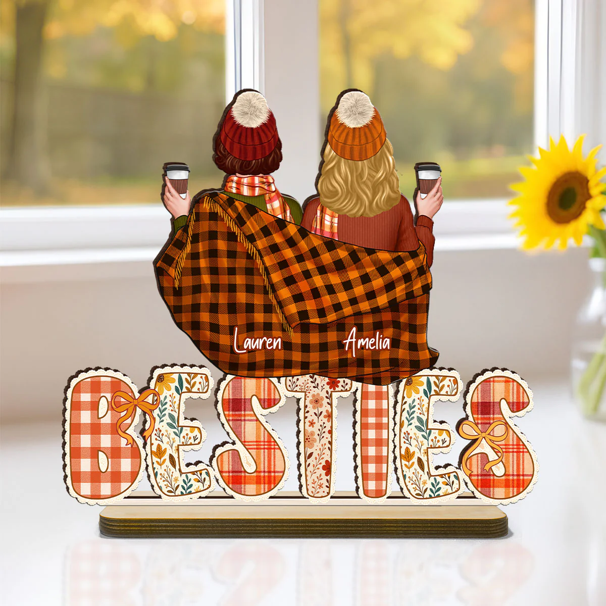 Cozy Besties Sisters In Blanket Sitting On Text Personalized Standing Wooden Plaque, Fall Season Decor - Image 4
