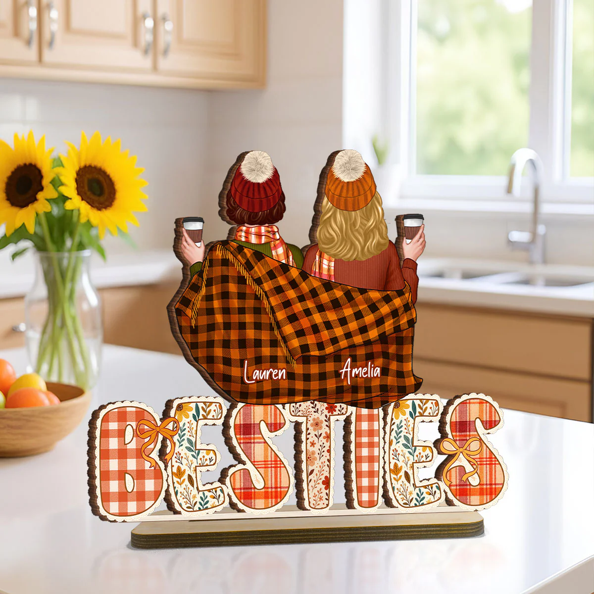 Cozy Besties Sisters In Blanket Sitting On Text Personalized Standing Wooden Plaque, Fall Season Decor - Image 8