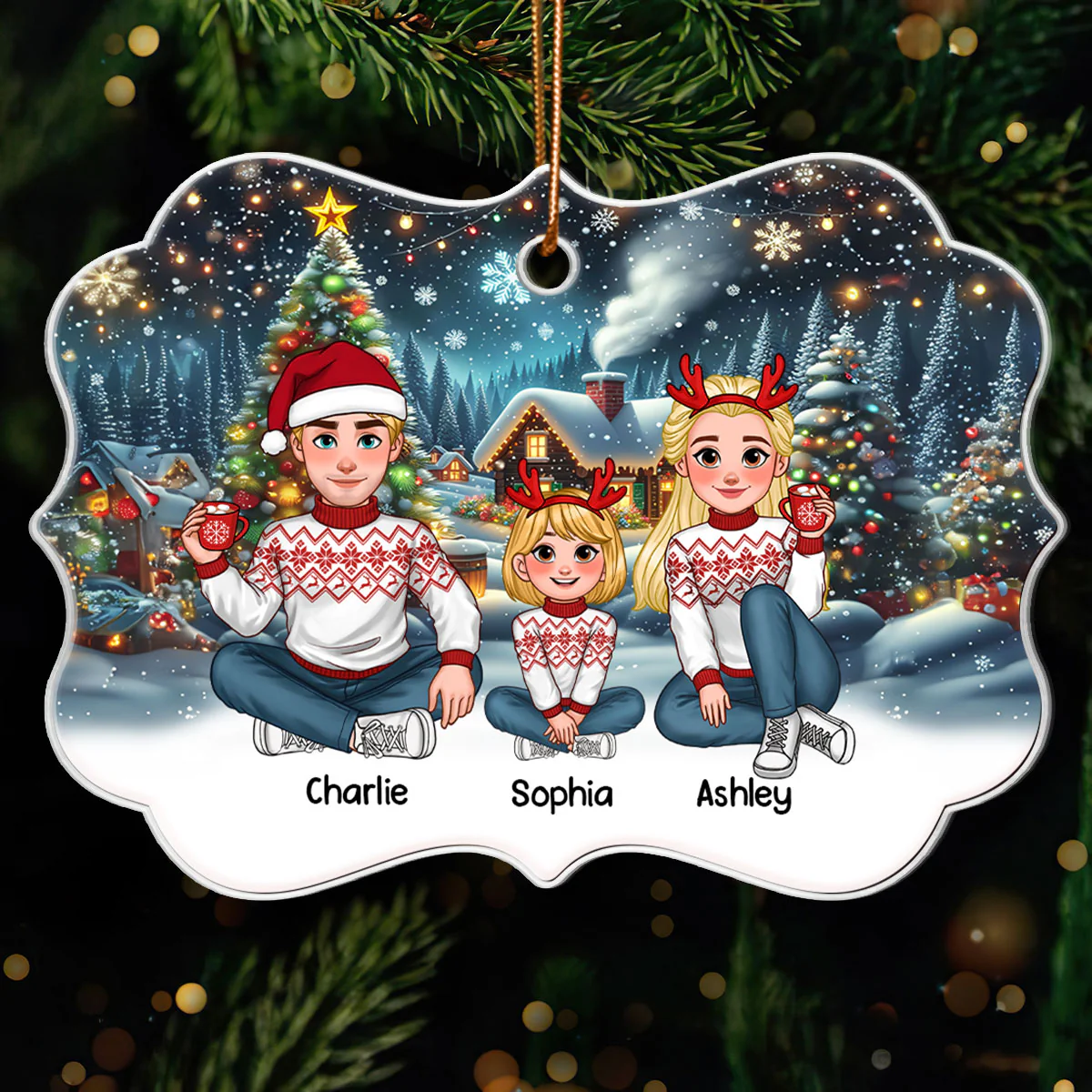 Cozy Christmas Animated Family Together Personalized Acrylic Ornament, Christmas Decoration, Christmas Gift For Family