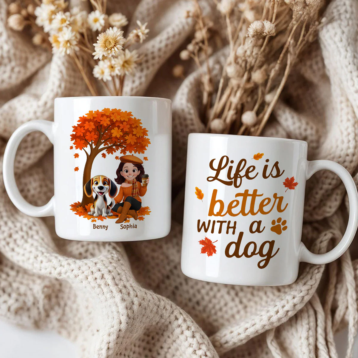 Cozy Fall Vibe Cute Cartoon Life Is Better With A Dog Personalized Mug - Image 7