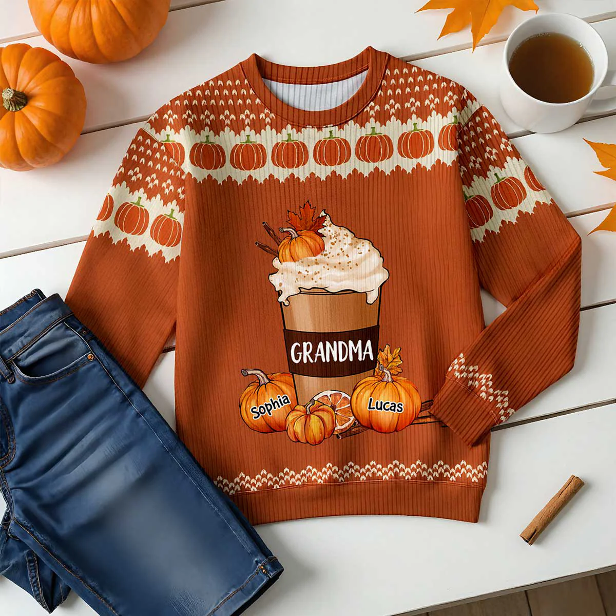 Cozy Fall Vibe Grandma Pumpkin Spice Latte Personalized Sweater - Image 5