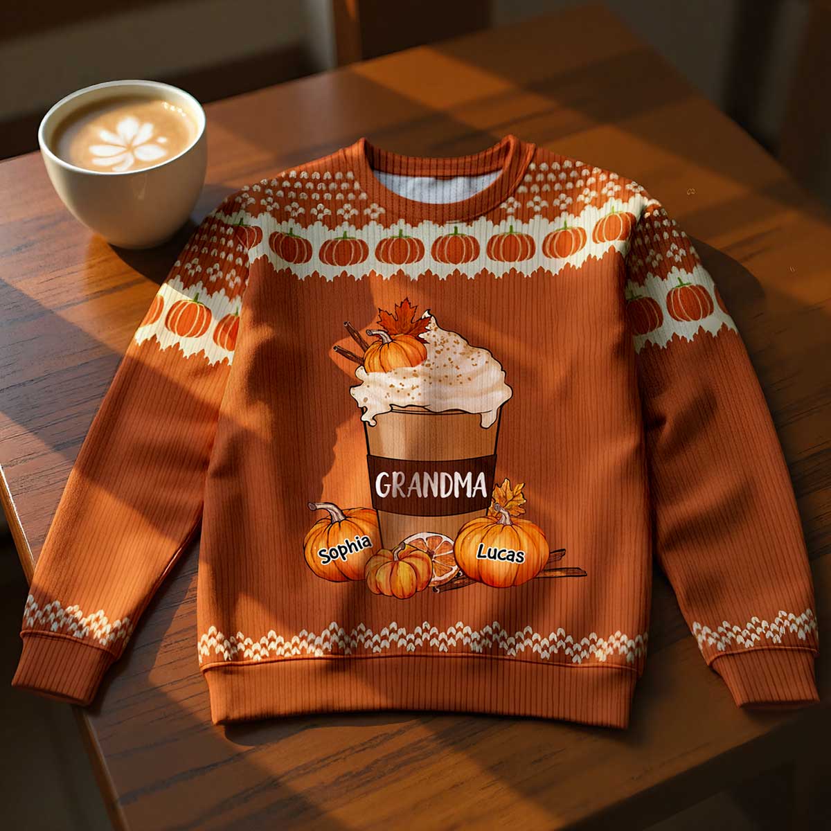 Cozy Fall Vibe Grandma Pumpkin Spice Latte Personalized Sweater - Image 6