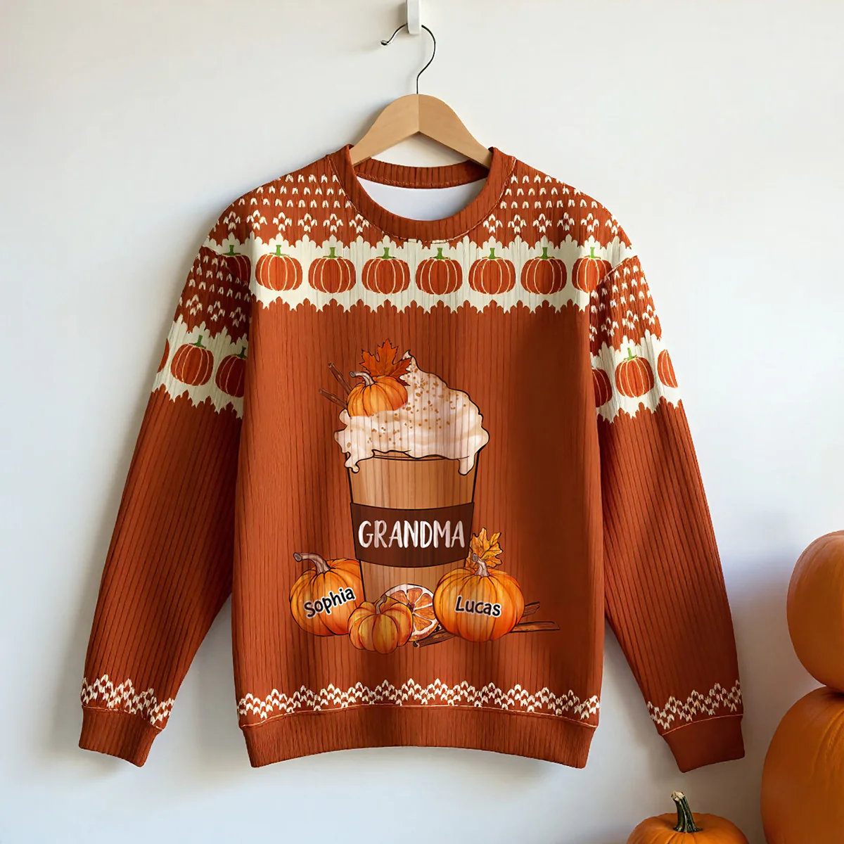 Cozy Fall Vibe Grandma Pumpkin Spice Latte Personalized Sweater - Image 8