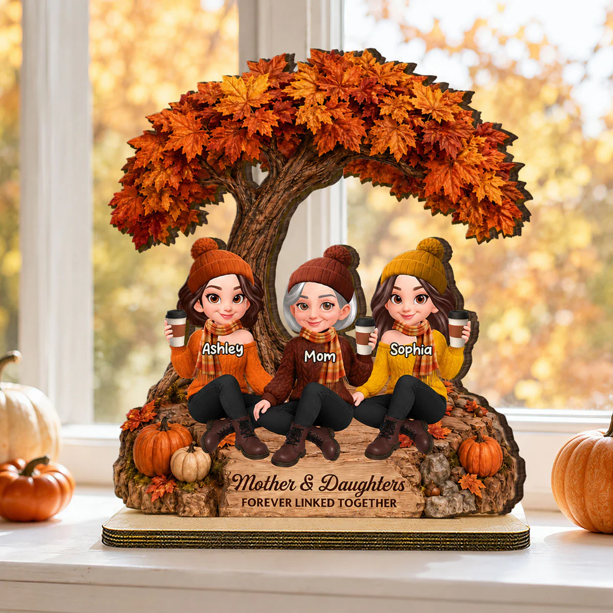 Cozy Warm Fall Season Mom And Daughters - Personalized 2-Layered Wooden Plaque - Fall Gift For Mom, Daughters - Image 3