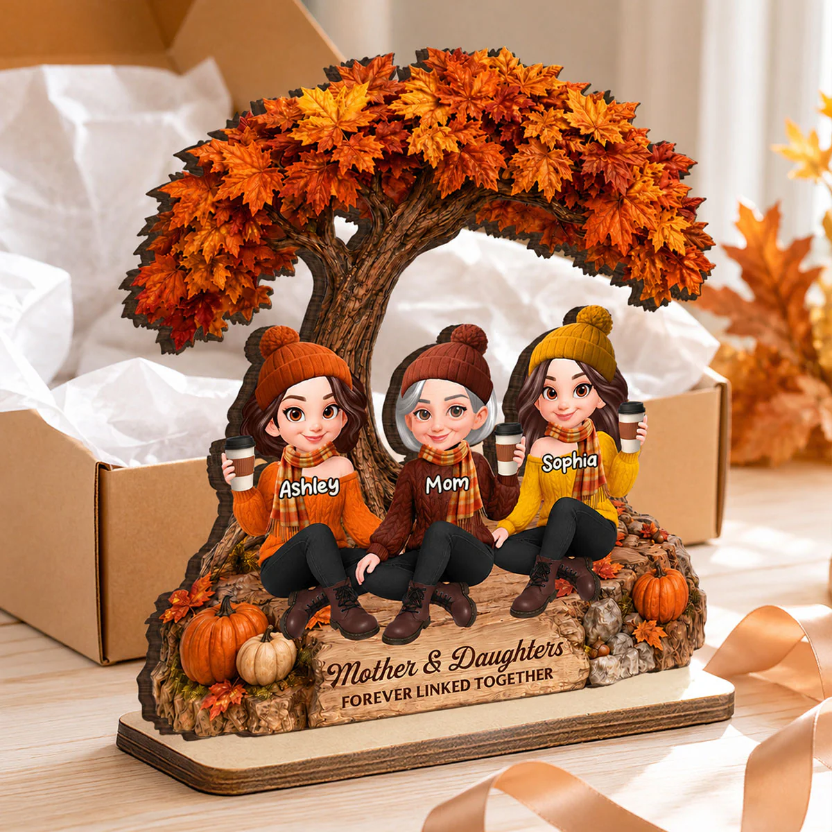 Cozy Warm Fall Season Mom And Daughters - Personalized 2-Layered Wooden Plaque - Fall Gift For Mom, Daughters - Image 5